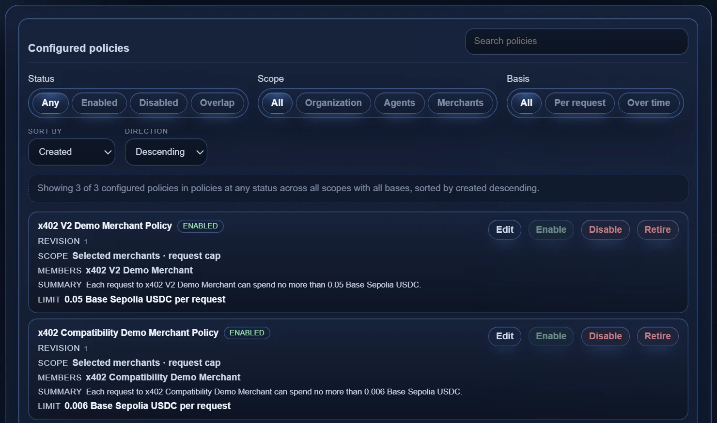 The Policies page in the 402flow console: filters for status, scope (organization, agents, merchants), and basis (per request or over time), and two enabled merchant policies, each with a plain-language summary such as: each request to x402 V2 Demo Merchant can spend no more than 0.05 Base Sepolia USDC.